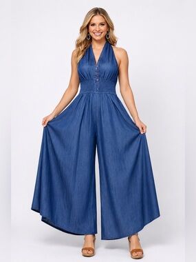 STEP iN STYLE Denim Halter Wide Leg Jumpsuit Women’s Size 2X NWT
